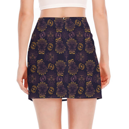 Ornament Tiki Mask Pattern Print Side Slit Mini Skirt
