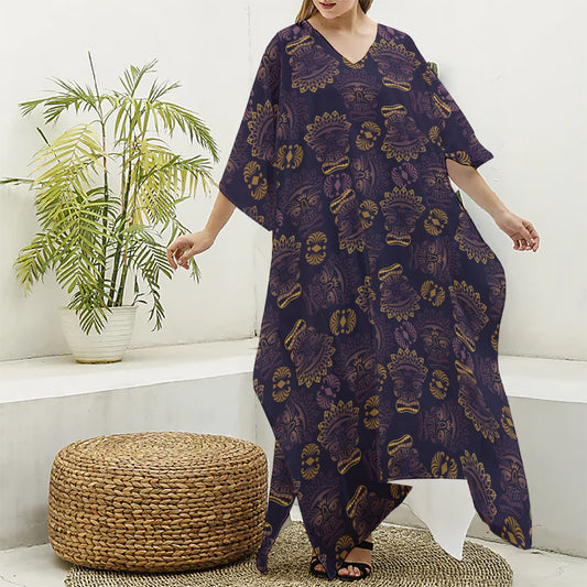 Ornament Tiki Mask Pattern Print Silk V-Neck Kaftan Dress
