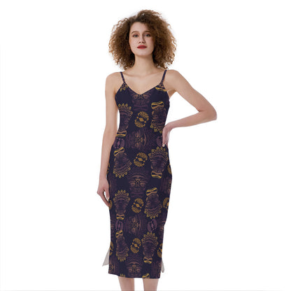 Ornament Tiki Mask Pattern Print Slim Fit Midi Cami Dress