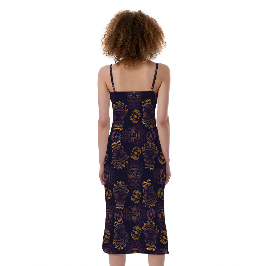 Ornament Tiki Mask Pattern Print Slim Fit Midi Cami Dress