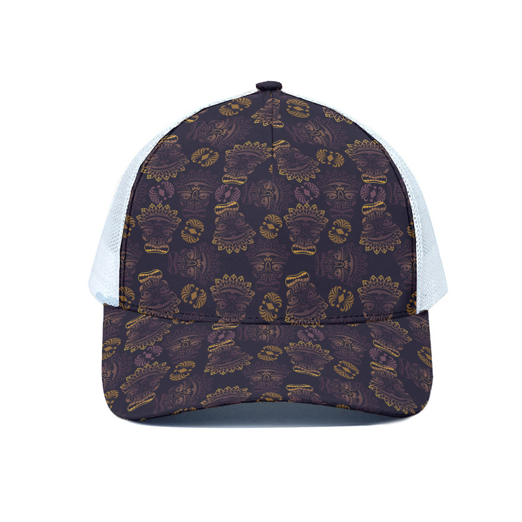 Ornament Tiki Mask Pattern Print White Mesh Trucker Cap