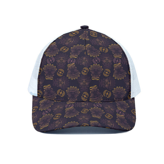 Ornament Tiki Mask Pattern Print White Mesh Trucker Cap