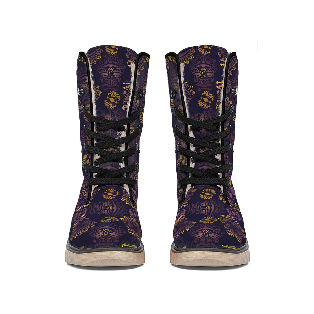 Ornament Tiki Mask Pattern Print Winter Boots