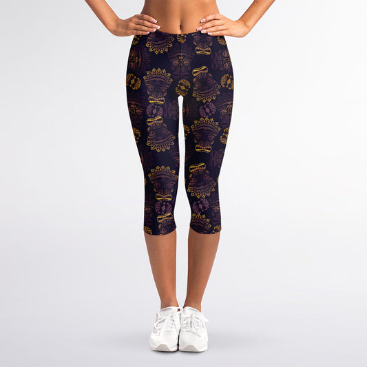 Ornament Tiki Mask Pattern Print Women's Capri Leggings