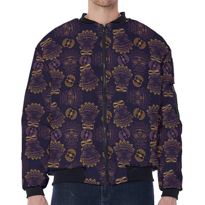 Ornament Tiki Mask Pattern Print Zip Sleeve Bomber Jacket