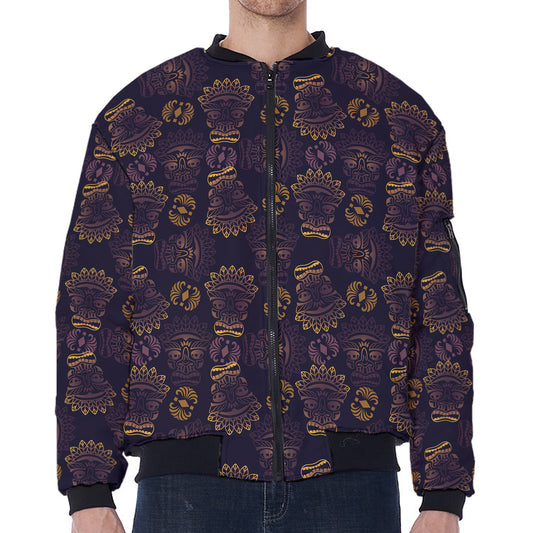 Ornament Tiki Mask Pattern Print Zip Sleeve Bomber Jacket