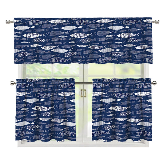 Ornamental Fish Pattern Print 3 Piece Kitchen Curtains