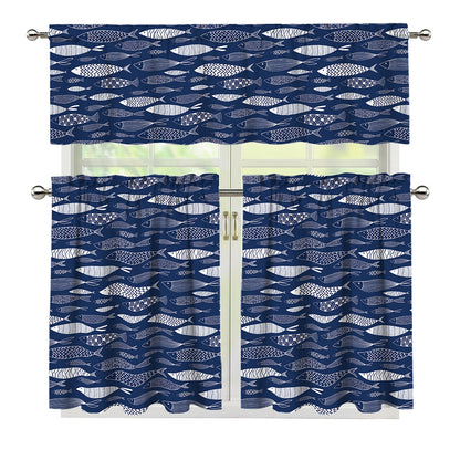 Ornamental Fish Pattern Print 3 Piece Kitchen Curtains