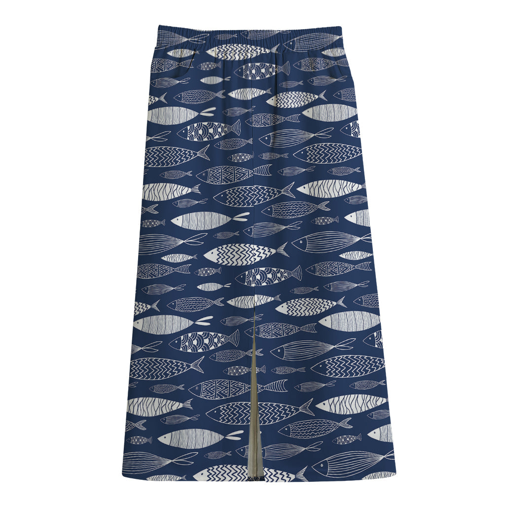 Ornamental Fish Pattern Print Cotton Front Slit Maxi Skirt