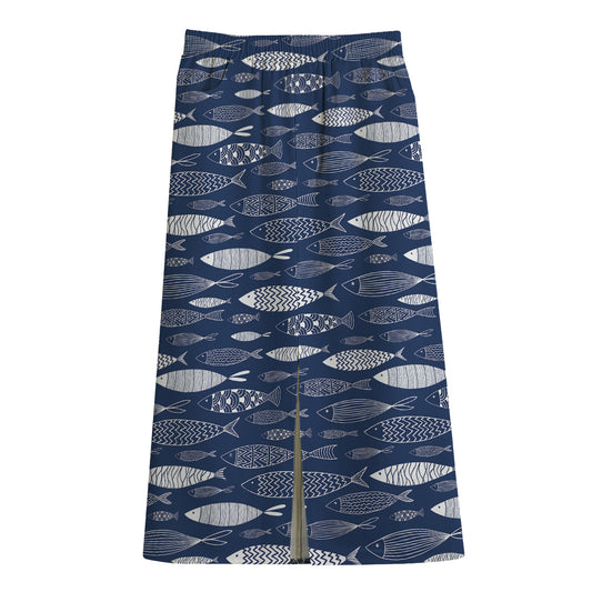 Ornamental Fish Pattern Print Cotton Front Slit Maxi Skirt