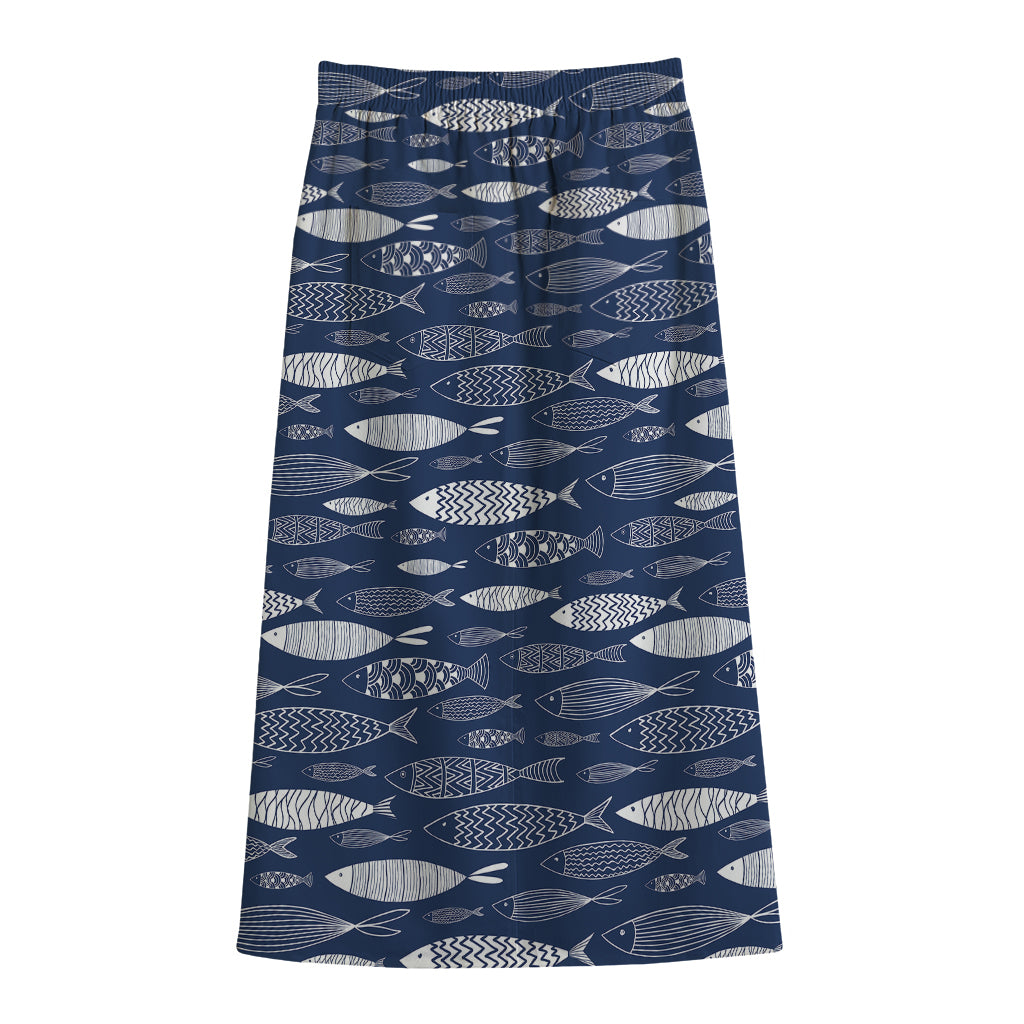 Ornamental Fish Pattern Print Cotton Front Slit Maxi Skirt