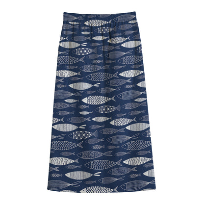 Ornamental Fish Pattern Print Cotton Front Slit Maxi Skirt