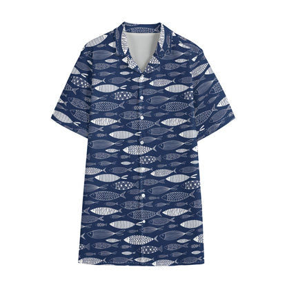 Ornamental Fish Pattern Print Cotton Hawaiian Shirt