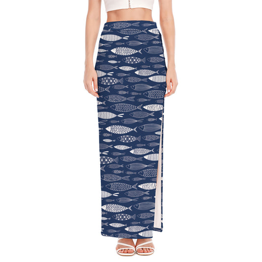 Ornamental Fish Pattern Print High Slit Maxi Skirt