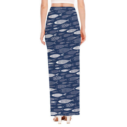 Ornamental Fish Pattern Print High Slit Maxi Skirt