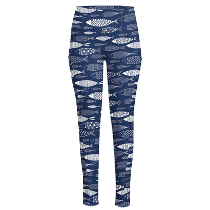 Ornamental Fish Pattern Print High-Waisted Pocket Leggings