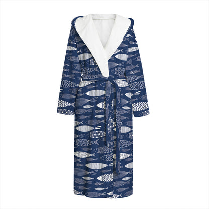 Ornamental Fish Pattern Print Hooded Bathrobe