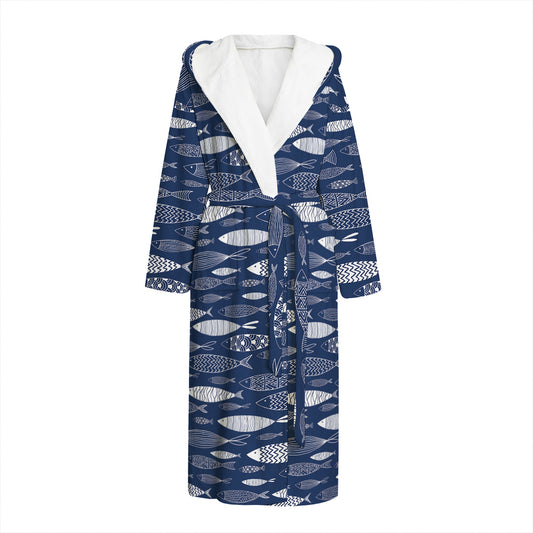 Ornamental Fish Pattern Print Hooded Bathrobe