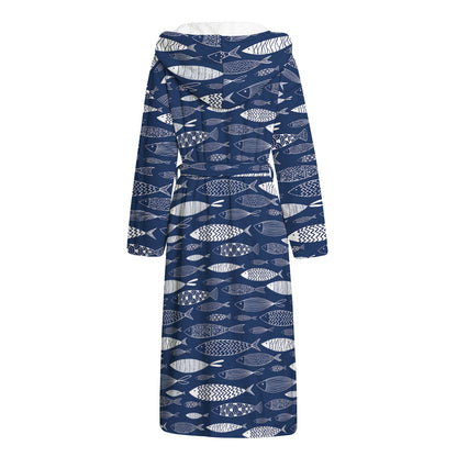 Ornamental Fish Pattern Print Hooded Bathrobe