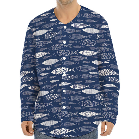 Ornamental Fish Pattern Print Long Sleeve Baseball Jersey