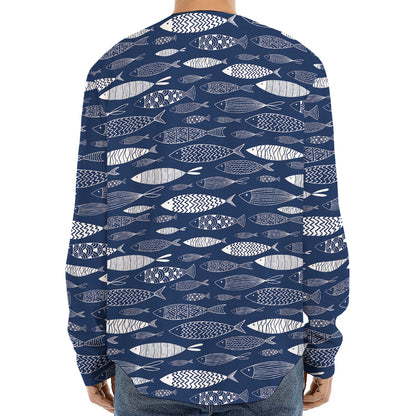 Ornamental Fish Pattern Print Long Sleeve Baseball Jersey