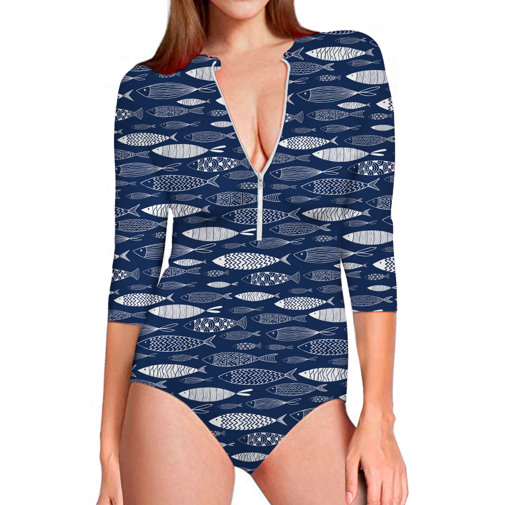 Ornamental Fish Pattern Print Long Sleeve Swimsuit