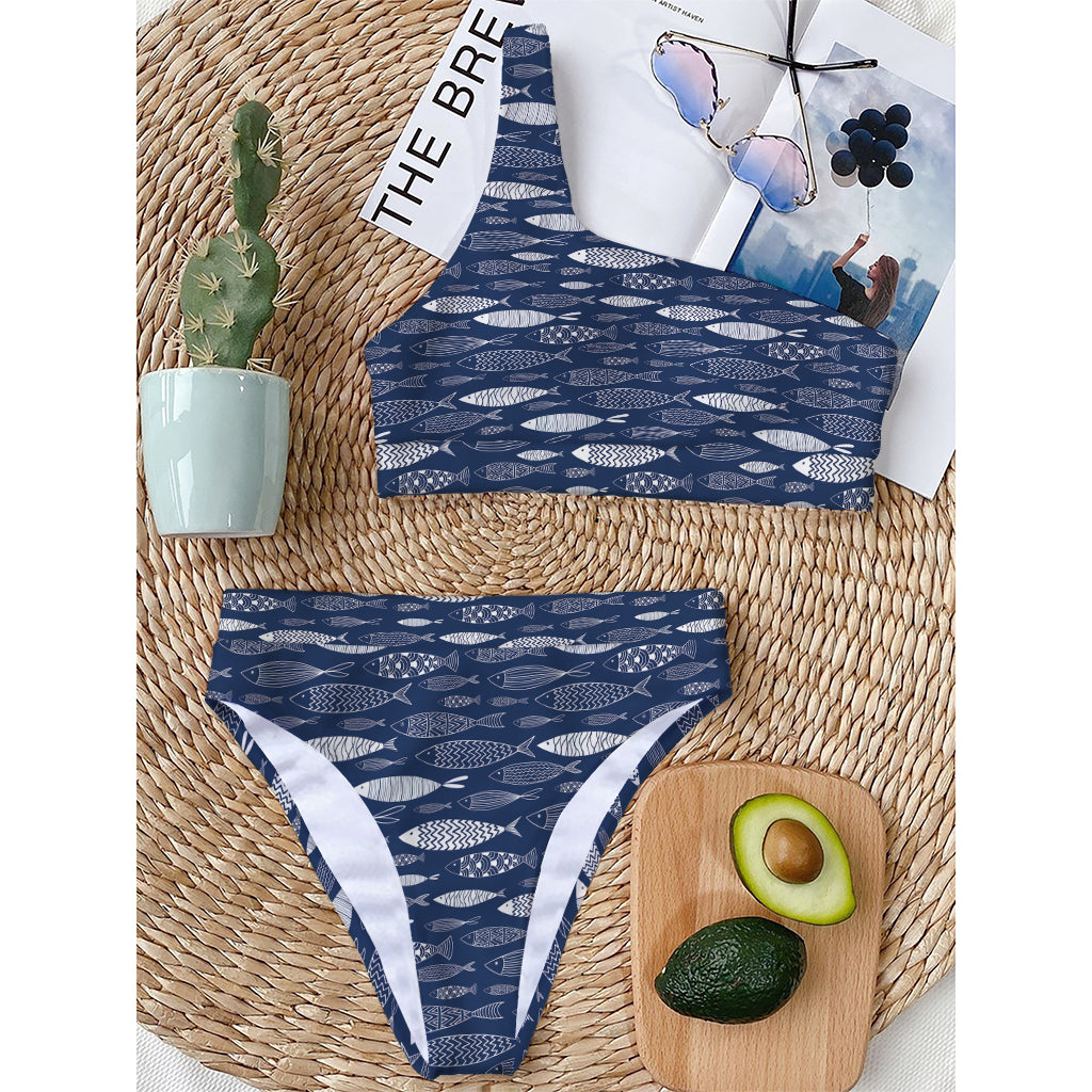 Ornamental Fish Pattern Print One Shoulder Bikini Top