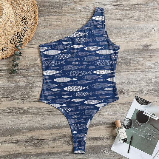 Ornamental Fish Pattern Print One Shoulder Bodysuit