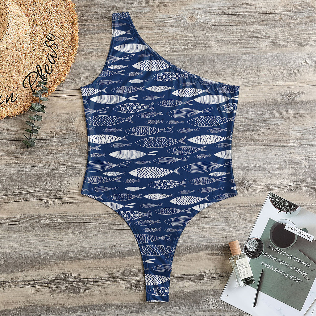 Ornamental Fish Pattern Print One Shoulder Bodysuit