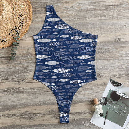 Ornamental Fish Pattern Print One Shoulder Bodysuit