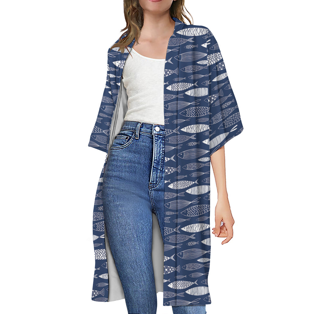 Ornamental Fish Pattern Print Open Front Beach Cover Up