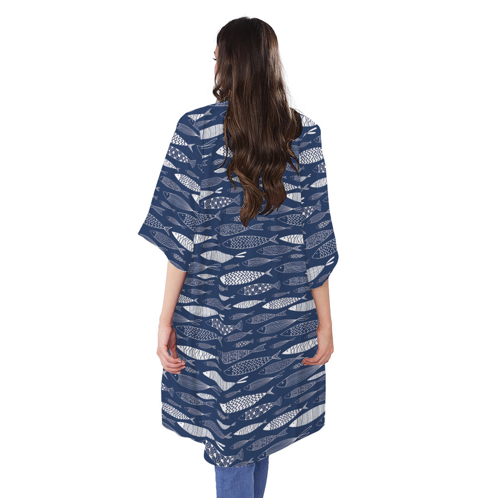 Ornamental Fish Pattern Print Open Front Beach Cover Up