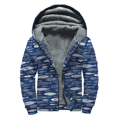Ornamental Fish Pattern Print Sherpa Lined Zip Up Hoodie
