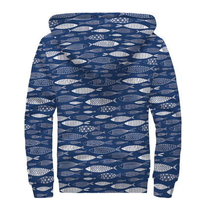 Ornamental Fish Pattern Print Sherpa Lined Zip Up Hoodie