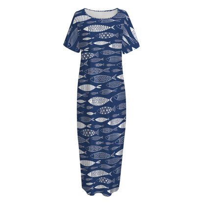 Ornamental Fish Pattern Print Short Sleeve Long Nightdress