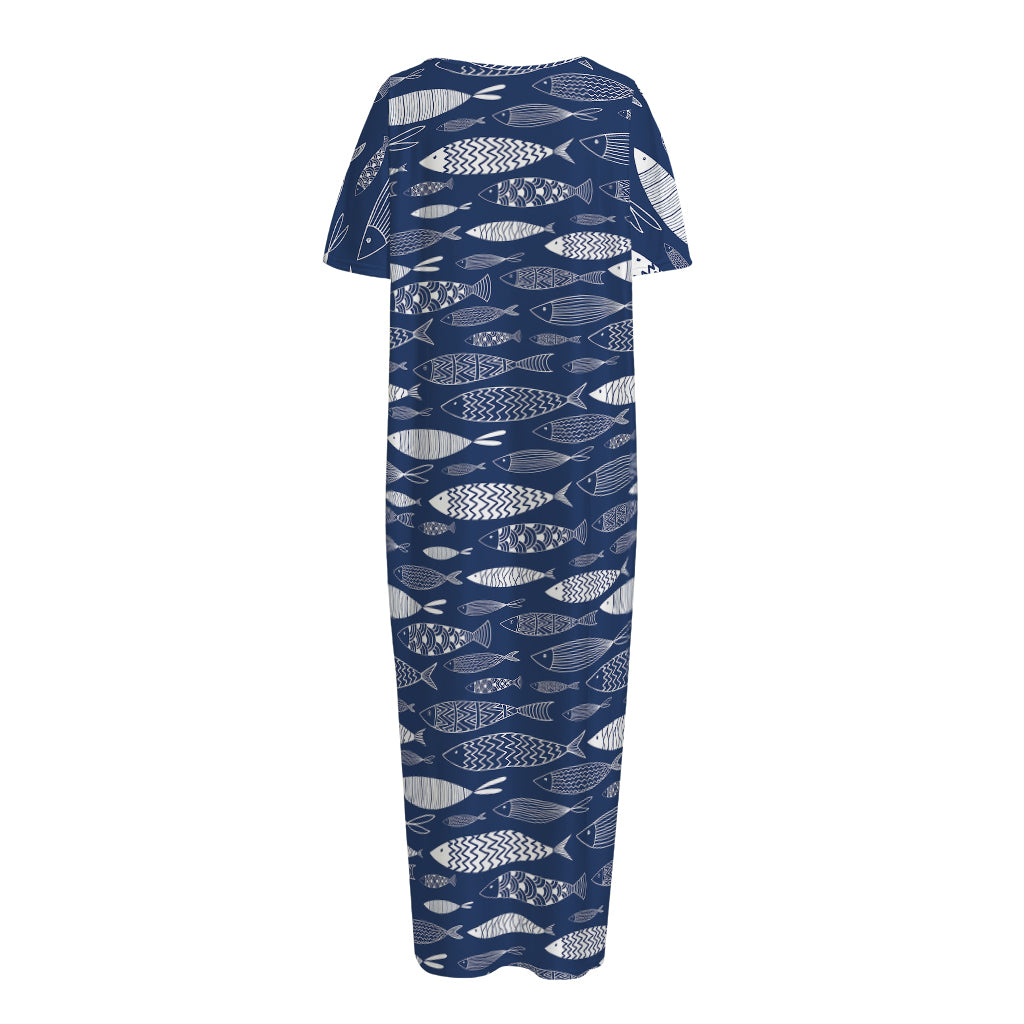 Ornamental Fish Pattern Print Short Sleeve Long Nightdress