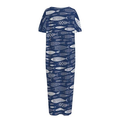 Ornamental Fish Pattern Print Short Sleeve Long Nightdress