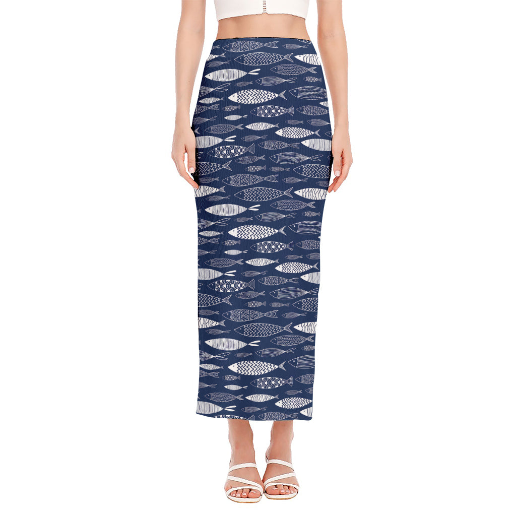Ornamental Fish Pattern Print Side Slit Maxi Skirt