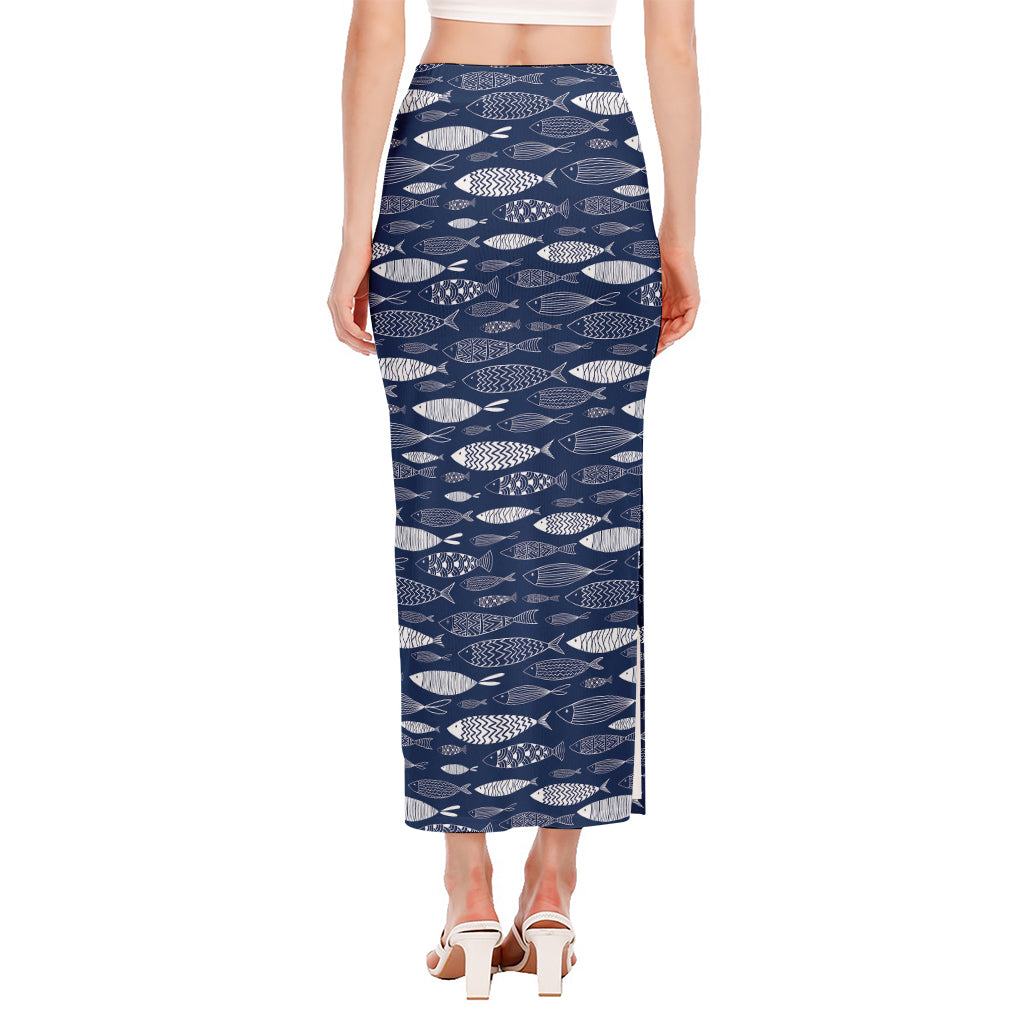 Ornamental Fish Pattern Print Side Slit Maxi Skirt
