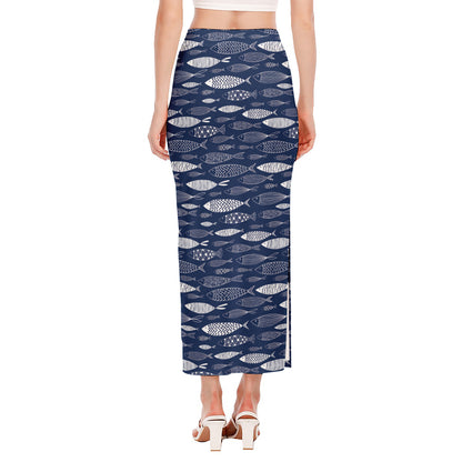 Ornamental Fish Pattern Print Side Slit Maxi Skirt
