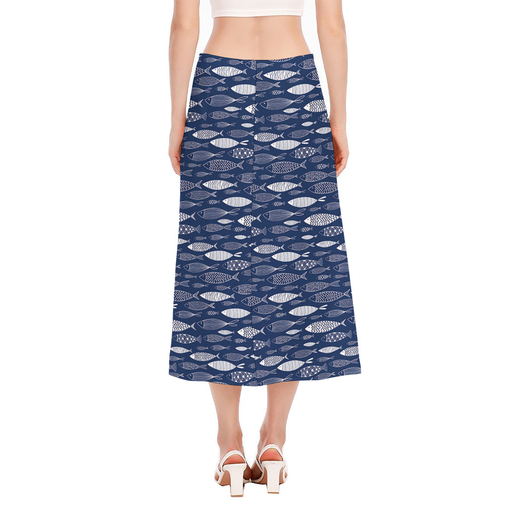 Ornamental Fish Pattern Print Side Slit Midi Skirt