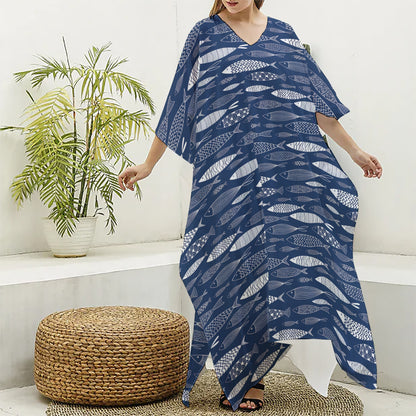 Ornamental Fish Pattern Print Silk V-Neck Kaftan Dress