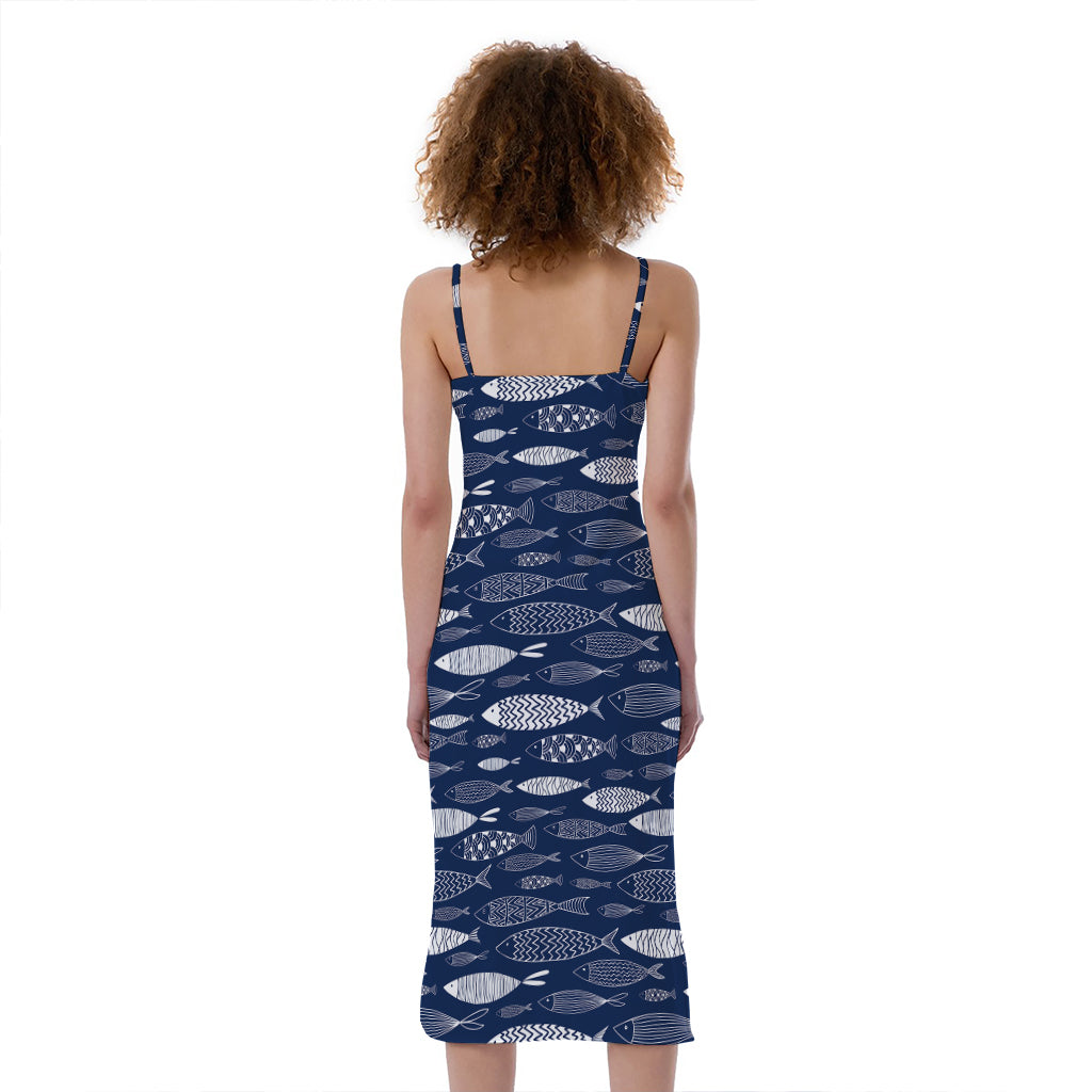 Ornamental Fish Pattern Print Slim Fit Midi Cami Dress