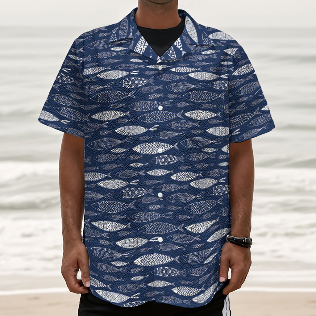 Ornamental Fish Pattern Print Textured Short Sleeve Shirt