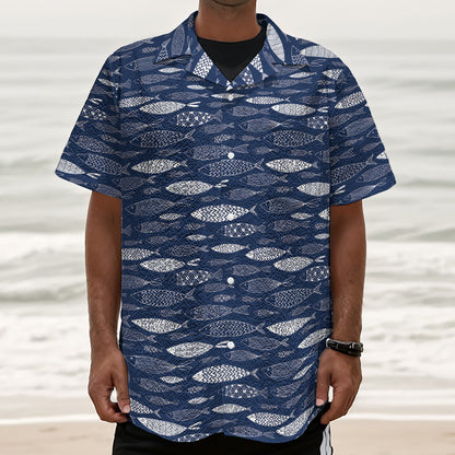 Ornamental Fish Pattern Print Textured Short Sleeve Shirt