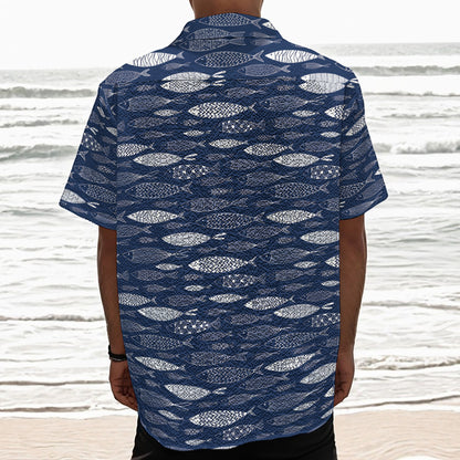 Ornamental Fish Pattern Print Textured Short Sleeve Shirt