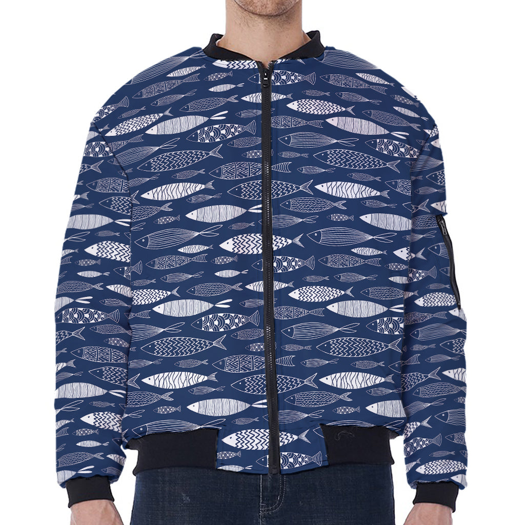 Ornamental Fish Pattern Print Zip Sleeve Bomber Jacket