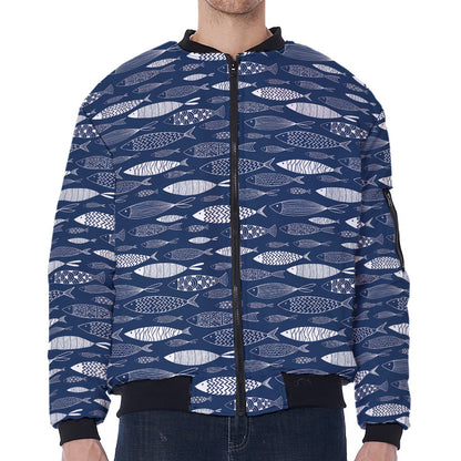 Ornamental Fish Pattern Print Zip Sleeve Bomber Jacket