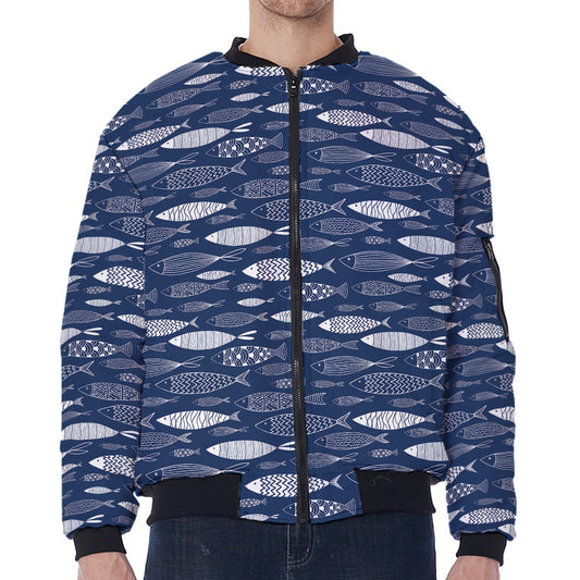 Ornamental Fish Pattern Print Zip Sleeve Bomber Jacket