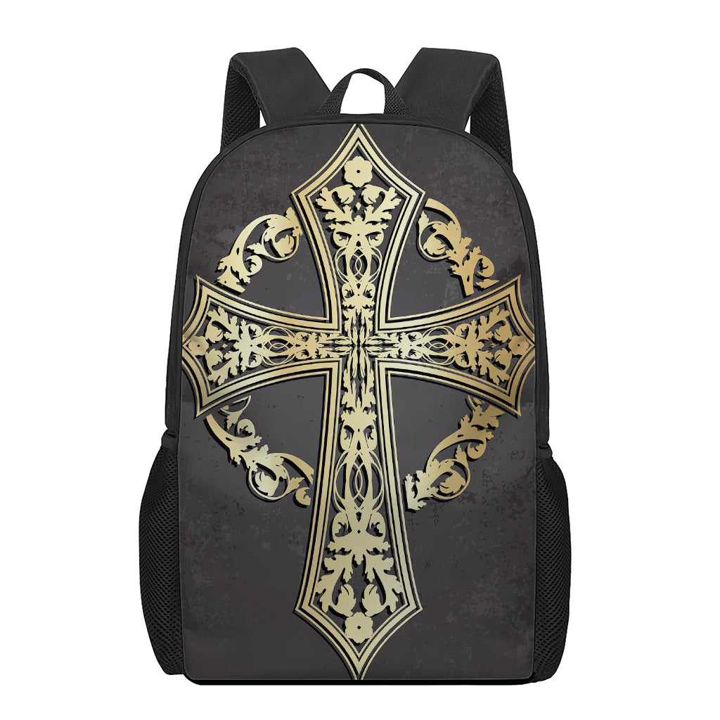 Ornamental Golden Cross Print 17 Inch Backpack
